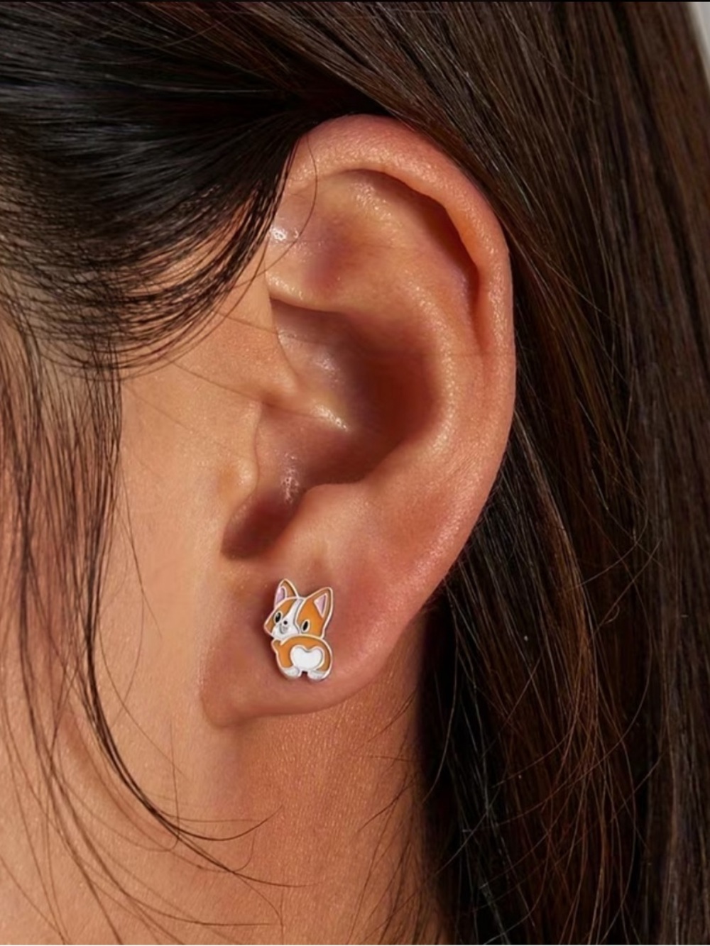 Cute Corgi Heart Back Enamel Stud Earrings - Orange & White - Picture 4 of 4